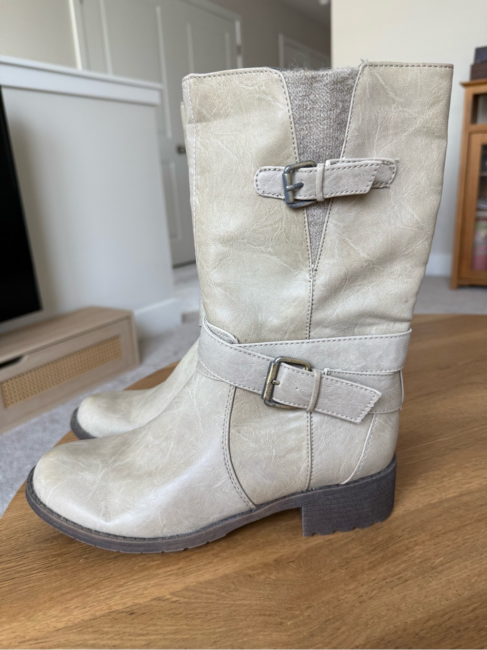 Naturalizer Cream Mid-Calf Buckle Combat Boots